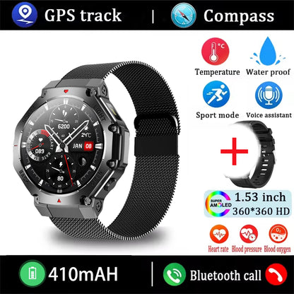 2025 New Men Sports Smart Watch GPS AMOLED Heart Rate Monitoring LED Flashlight NFC Bluetooth Call 3ATM Waterproof Smartwatches