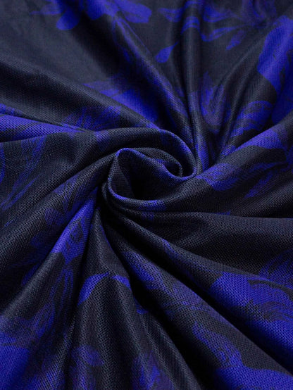 Boho Floral Print Maxi Dress - Layered Mesh V-Neck Plus Size Women's Dress