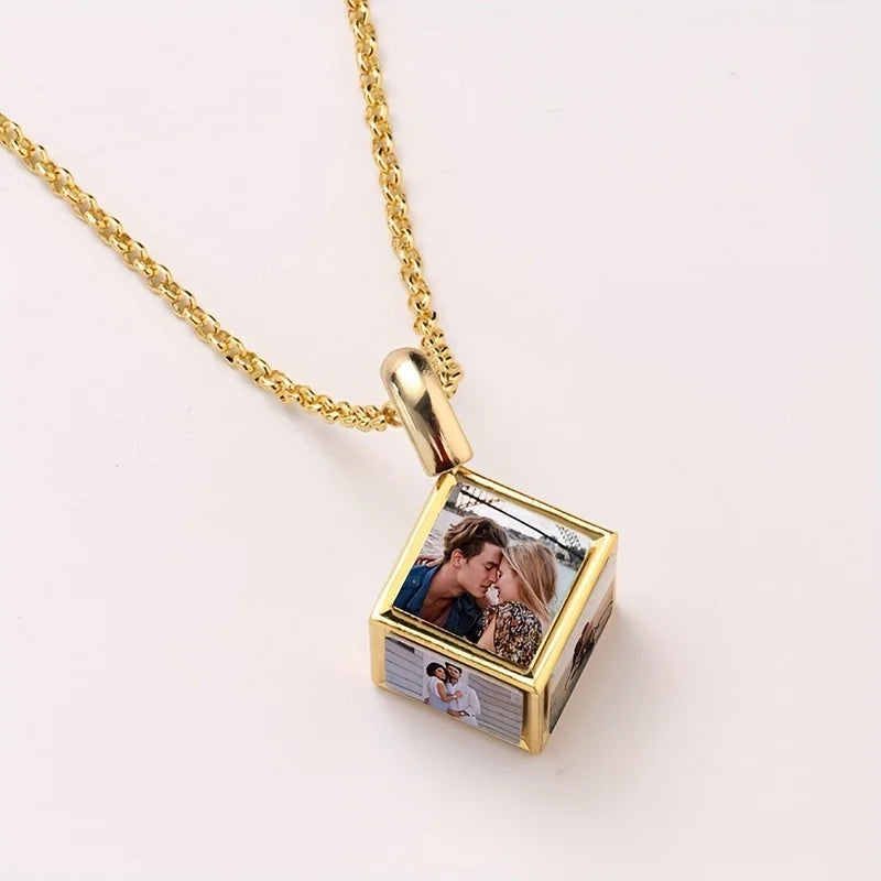 Custom 6 Pictures Fashion 6 faces Cube Necklace Pendant Unique, Gift for Father's Mother's Day Birthday Valentine's Day Wedding