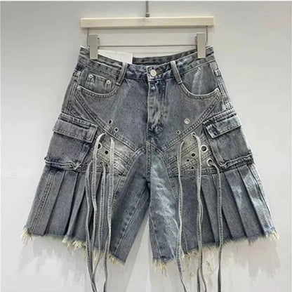 Streetwear American Vintage Heavy Industry Washed Holes and Burrs Denim Shorts Y2 Gothic Old Multi-pocket Casual Joker Pants