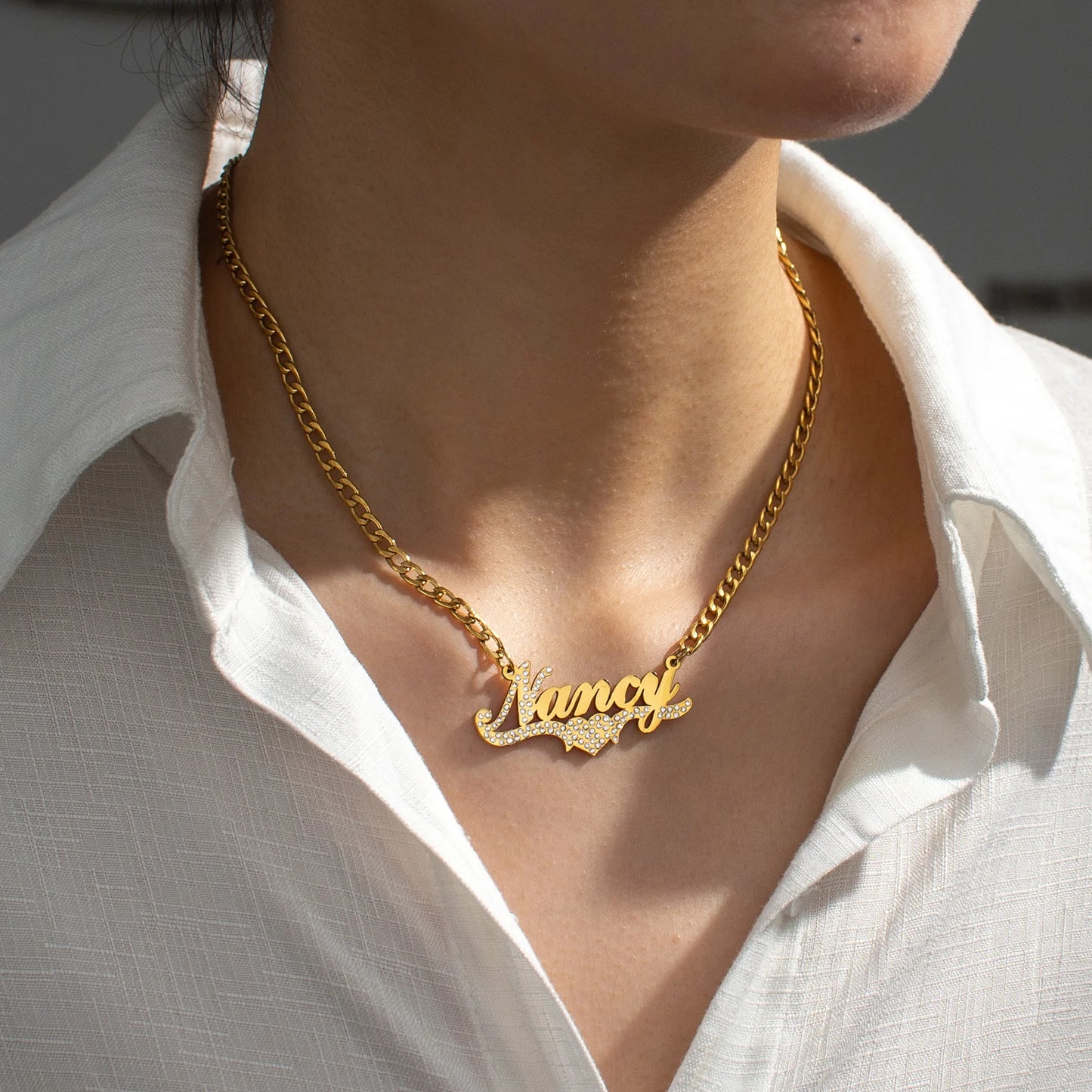 Atoztide Personalized Custom Name Necklace Zircon Heart Stainless Steel for Women Men Pendant Link Chain Birthday Jewelry Gift