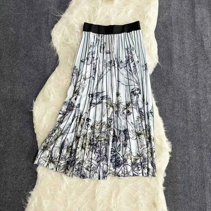 Autumn Skirts Womens New Vintage Floral Print Pleated Skirt Elastic High Waist Casual Midi Skirt Women Clothes Jupe