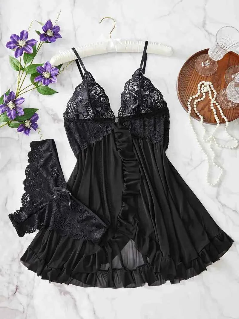 Contrast Lace Ruffle Trim Lingerie Set, Deep V Slip Dress & Thong, Women's Sexy Lingerie & Underwear