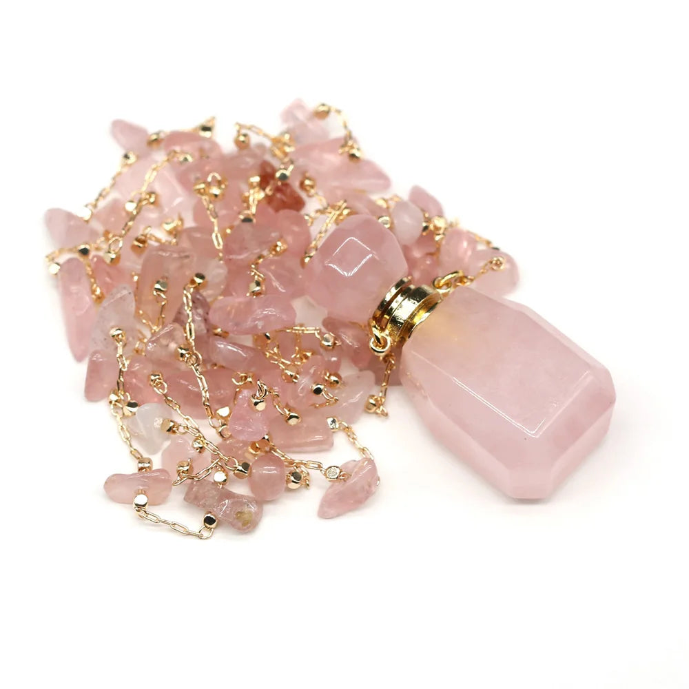 Natural Stone Rose Quartz Perfume Bottle Essential Oil Diffuser Reiki Healing Exquisite Necklace Jewelry Gift - AMULET RING STORE