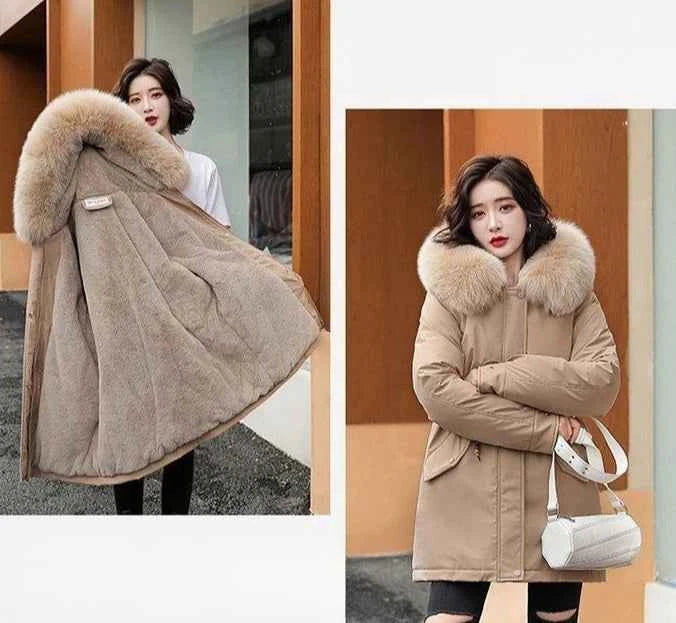 2025 Winter Women's Parka Cotton Padded Coat Korean Style Mid Length Waist Cinching Thickened for Cold Suitable for Short Girls