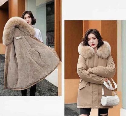 2025 Winter Women's Parka Cotton Padded Coat Korean Style Mid Length Waist Cinching Thickened for Cold Suitable for Short Girls