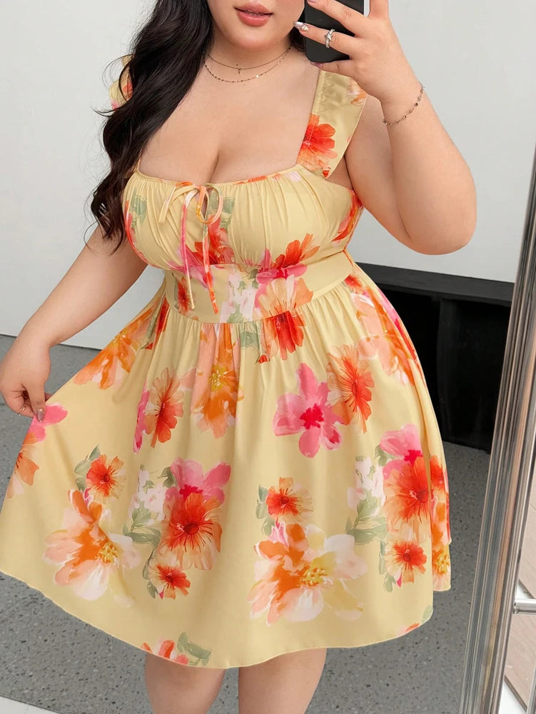 Plus Size Fly Sleeve Flower Chest Cup Dress A Hem Short Dress Printed Beach Square Neck Casual