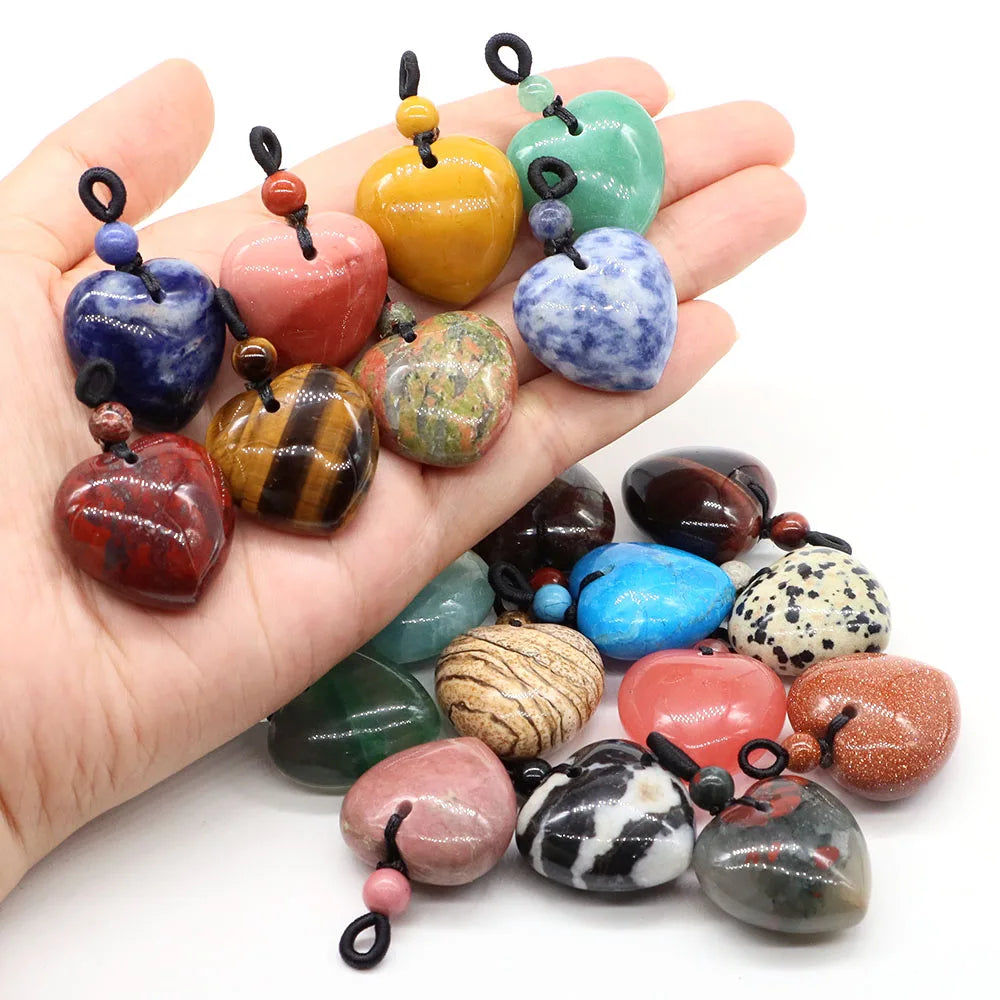 24mm Heart Shape Pendants Natural Stone Healing Crystal Quartz Tiger Eye Energy Gemstones for Jewelry Making DIY Necklace Gifts