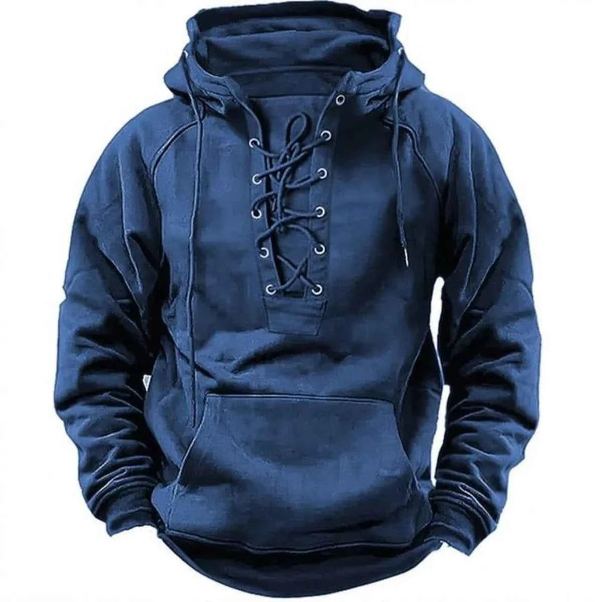 2025 Men's Autumn Winter Outdoor Casual Jacket: Retro Lace-Up, Loose Fit, Pure Color Long Sleeve Hooded Sweatshirt