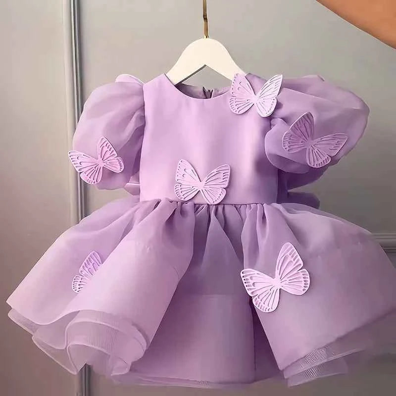 Baby Girls Dress Pink Bubble Sleeve Butterfly Dress Pageant Dresses for Toddler Girls Official Christmas Dinner Clothes