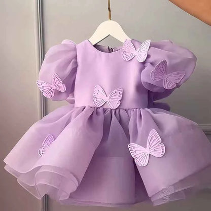 Baby Girls Dress Pink Bubble Sleeve Butterfly Dress Pageant Dresses for Toddler Girls Official Christmas Dinner Clothes