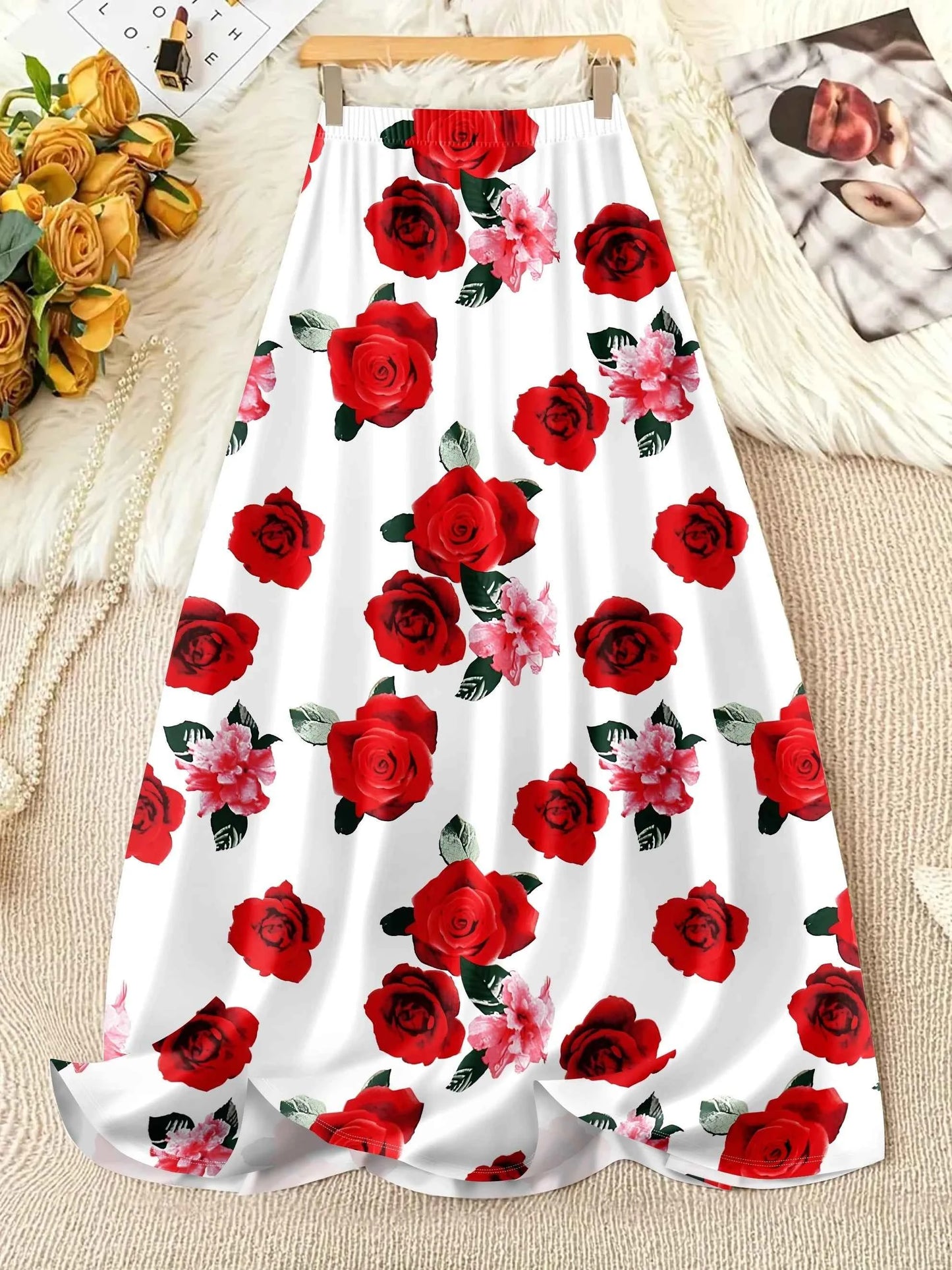 Scarlet Rose & Blush Blossom Print Elastic High - Waist A - Line Vacation Maxi Skirt: Romantic Waltz Vibes