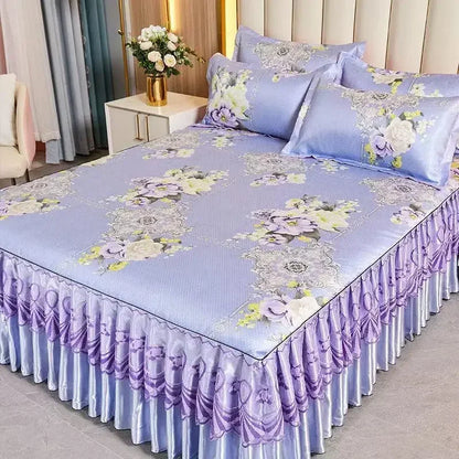 3Pcs/Lot Double Bed Sheet Set Classic Lace Royal Blue Bed Sheet Bed Skirt