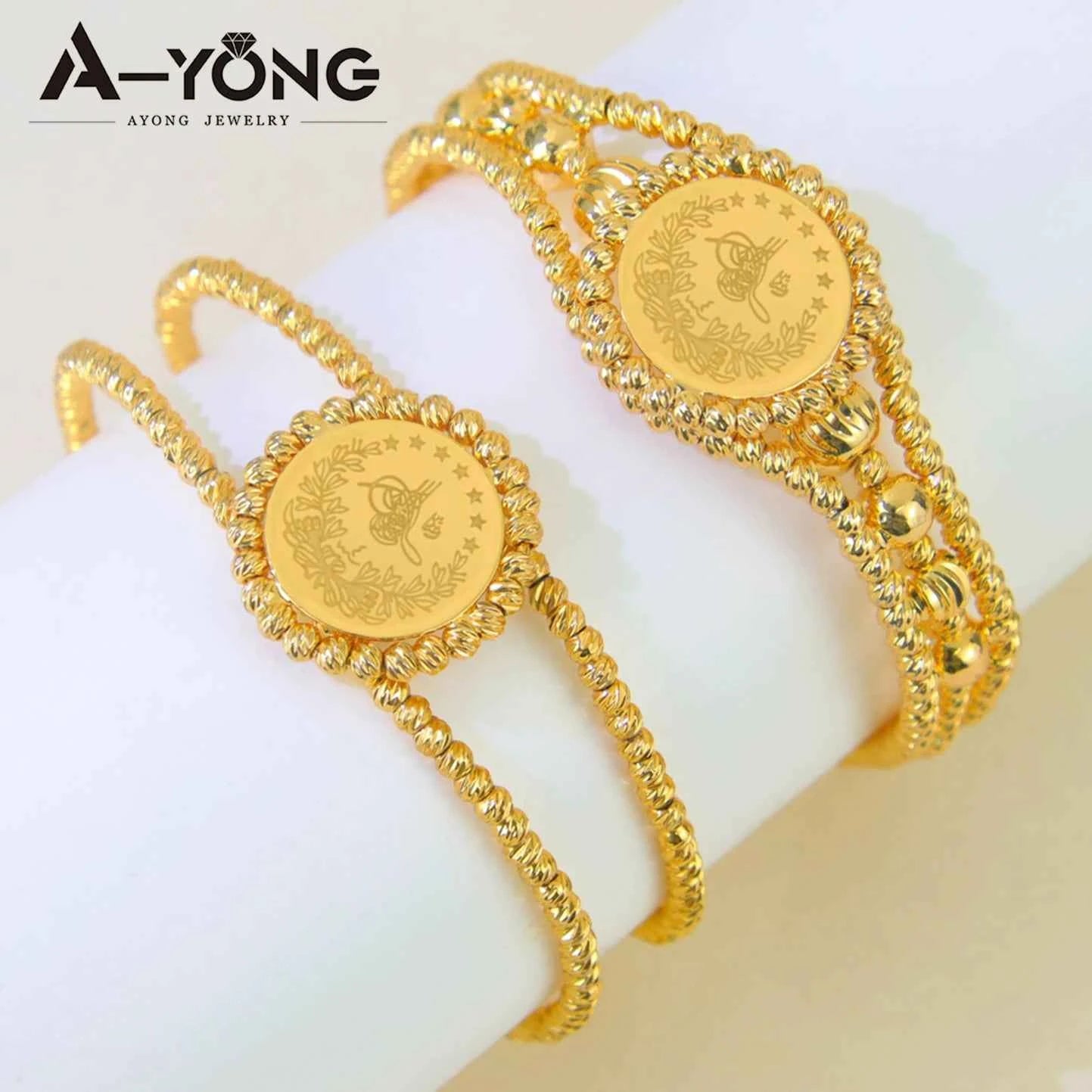 Luxury Turkish Coins Charm Jewelry Set 24k Gold Plated Kurdish Muslim Bridal Open Bangles Ring Middle Eastern Vintage Jewelrys