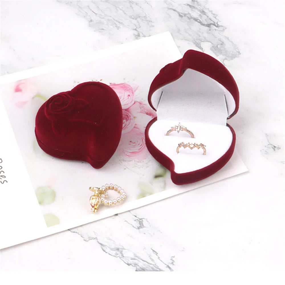 Heart-Shaped Velvet Jewelry Box Rose Flower Valentine'S Day Engagement Proposal Wedding Ring Box Gift Box Jewelry Organizer Case - AMULET RING STORE