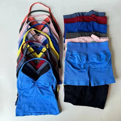 2PCS Yoga Gym Set Women Seamless Strappy Yoga Bra Top High Waist Workout Scrunch Shorts Sports Suit Fitness Clothes Sportswear