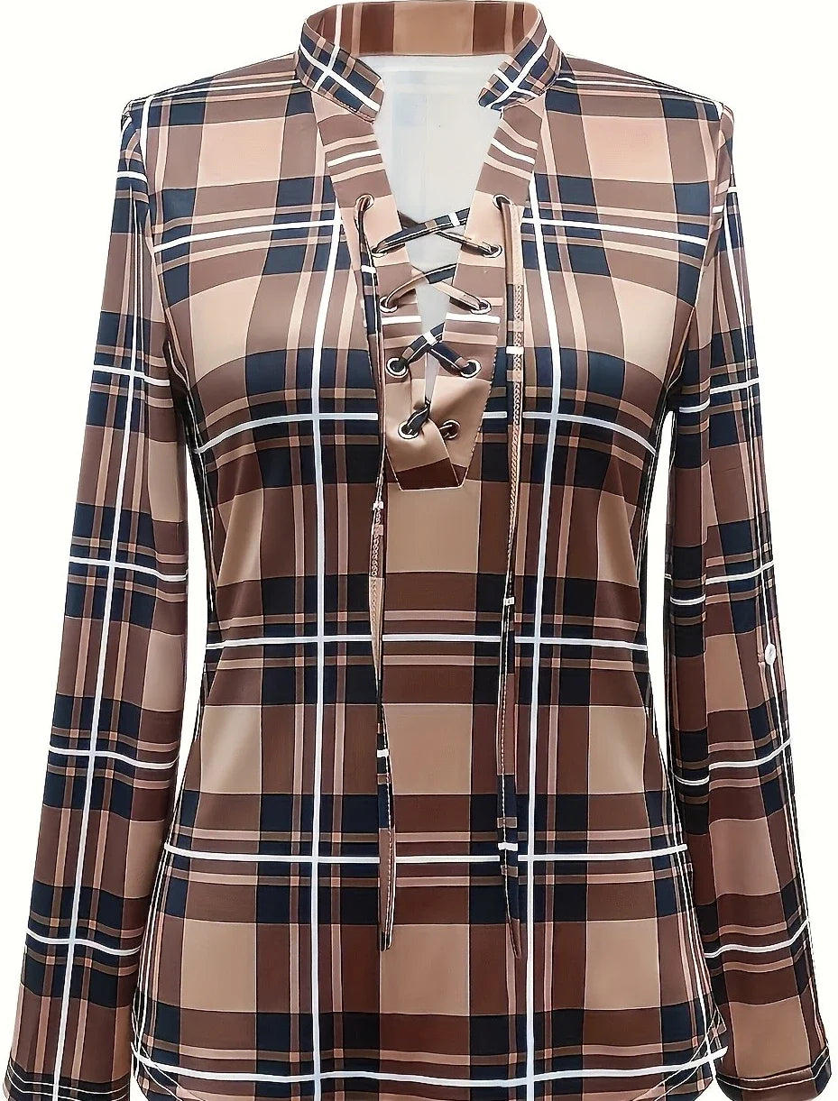 Plus Size 1XL-5XL Women's Fashionable Plaid Printed Waistband Tops Shirt Women Casual Spring V-neck Elegant Shirt Clothing