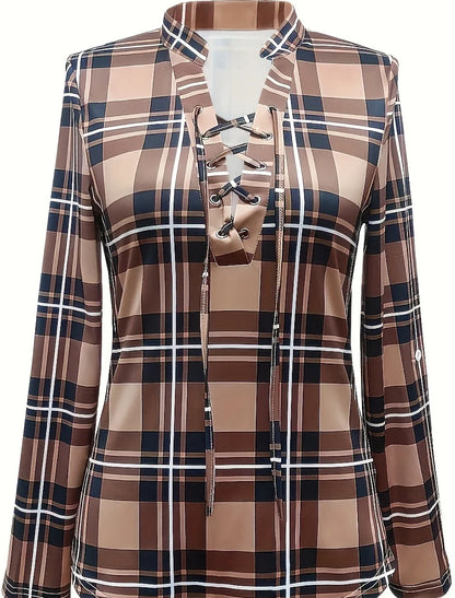 Plus Size 1XL-5XL Women's Fashionable Plaid Printed Waistband Tops Shirt Women Casual Spring V-neck Elegant Shirt Clothing