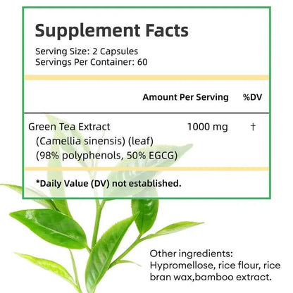 Green Tea Extract - Supports Energy Levels, Cleanses and Detoxifies The Intestines, Boosts Metabolism Fat Burner