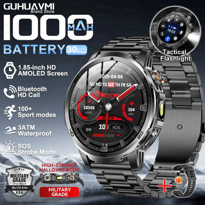 1000mAh Super Large Battery Military Smart Watch BT Call LED Flashlight SOS Alarm 5ATM Waterproof Outdoor Tactical Watches Men