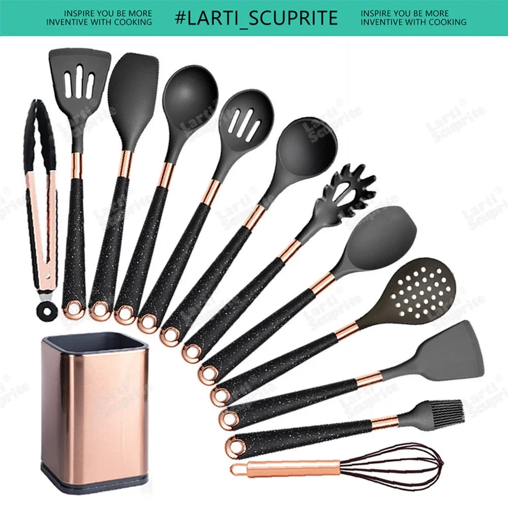 Good Quality Silicone Kitchen Utensils Set Rose Gold Plated Handle Cooking Tool Non-stick Heat Resistant Kitchenware Accessories