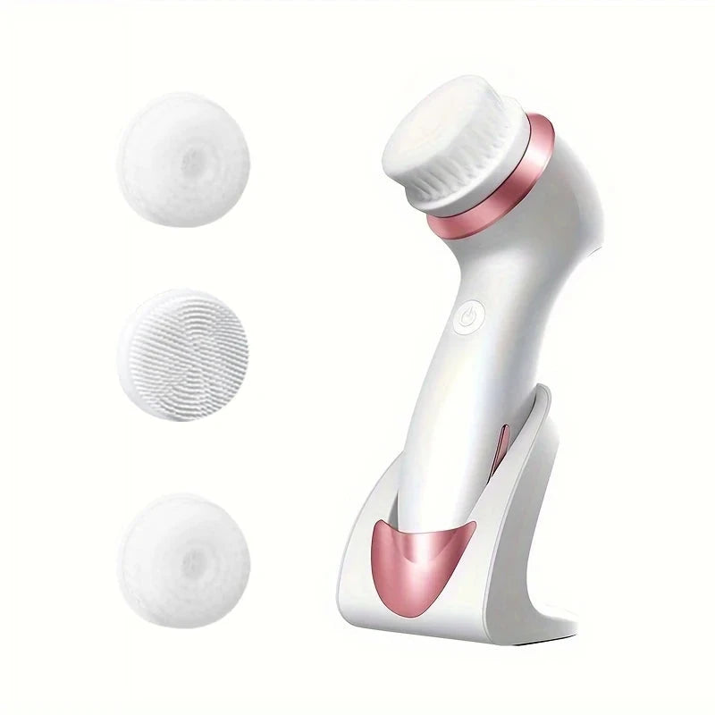 Electric Facial Cleansing Brush 3 in 1 with 3 Brush Heads Water Proof Rechargeable Rose Gold with Purple Massage Head