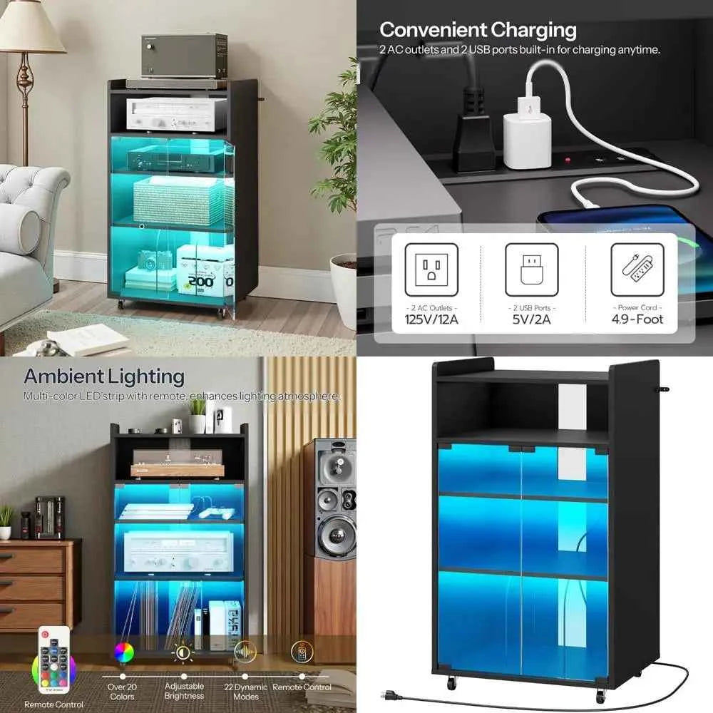 5-Tier Media Cabinet with Charging Station, LED Light, and Glass Door Storage for Audio Stereo Equipment