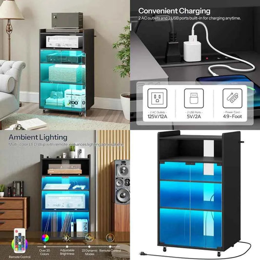 5-Tier Media Cabinet with Charging Station, LED Light, and Glass Door Storage for Audio Stereo Equipment