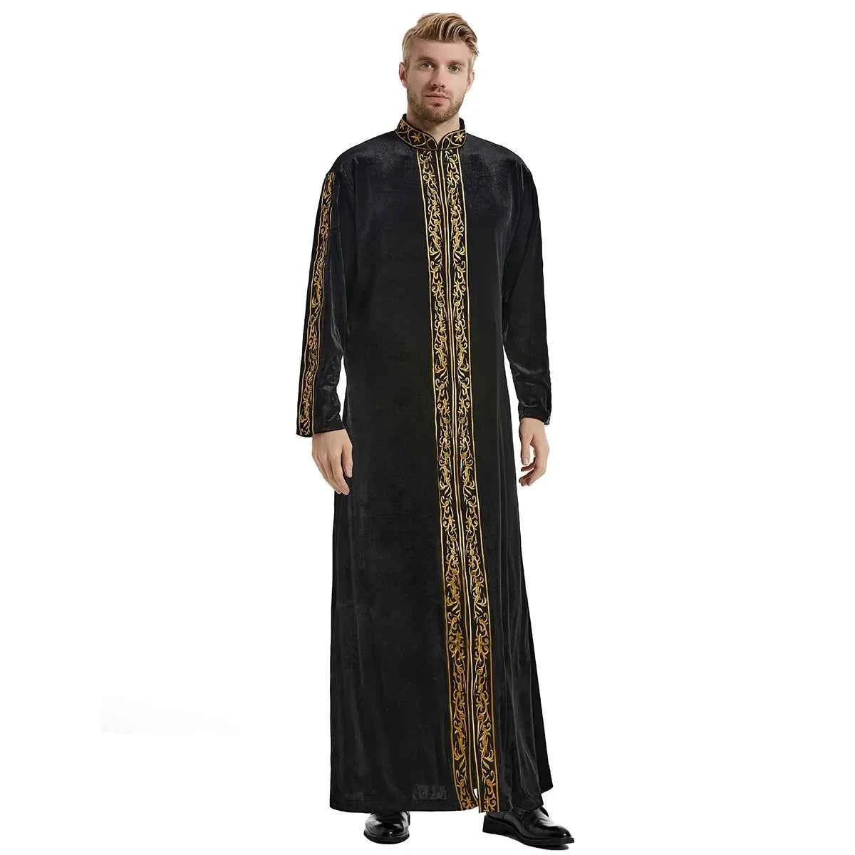 2025  Muslim golden velvet embroidered robe hui thickened embroidered famous thobe for men