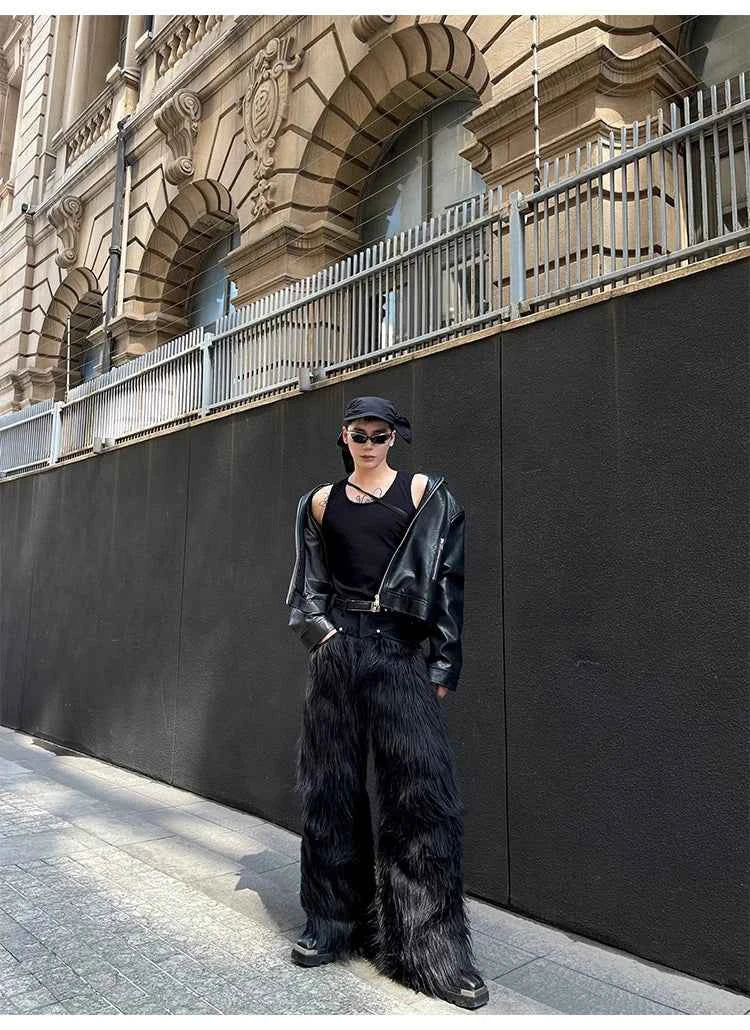 Mauroicardi Autumn Winter Long Black Thick Warm Hairy Shaggy Faux Fur Wide Leg Pants for Mens Luxury Designer Clothes Streetwear
