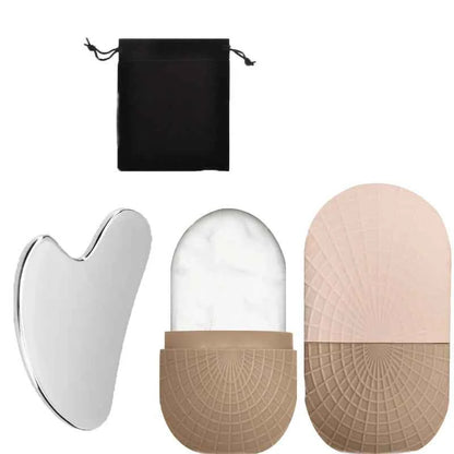 3-piece facial cleansing tool, stainless steel heart-shaped scraping tool, ice facial roller, a flannel bag