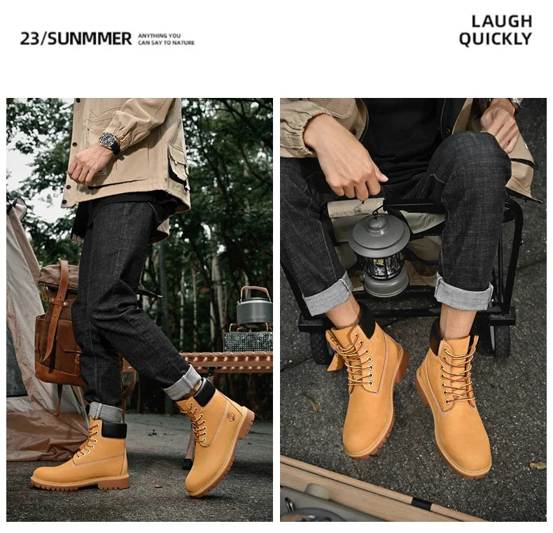 Boots Men High Top Boots High Quality Women Leather Shoes Fashion Outdoor Sneakers Men Lace Up Non-Slip Ankle Boots for Couple - AMULET RING STORE