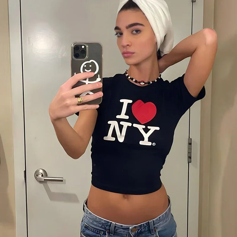 I Love New York NY O Neck Womens Cropped Top Harajuku Gothic Clothes Y2k Summer Fashion T Shirt Baby Tee 2000s Tshirt Dropship - AMULET RING STORE