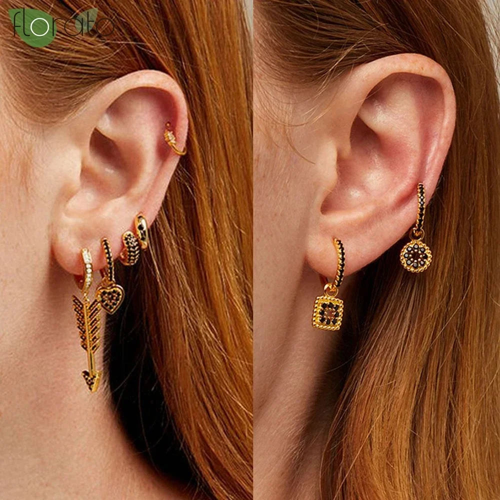 925 Sterling Silver Needle Fashion Round Pendant Small Earrings Luxury Gold Hoop Earrings for Women Premium Black Jewelry Gifts - AMULET RING STORE