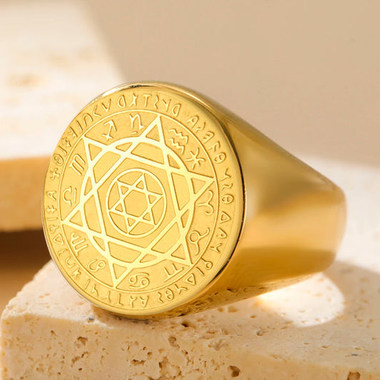 Dawapara Talisman Seal Solomon Ring Hexagram 12 Constellation Kabbalah Prosperity Good Health Amulet Stainless Steel Jewelry - AMULET RING STORE