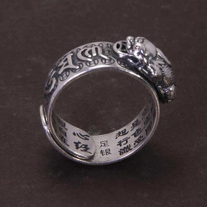 Vintage Pure Silver 999 Six Words Heart Sutra Ring Men's Adjustable Golden Pixiu Vajra Buddhist Religious Fine Jewelry