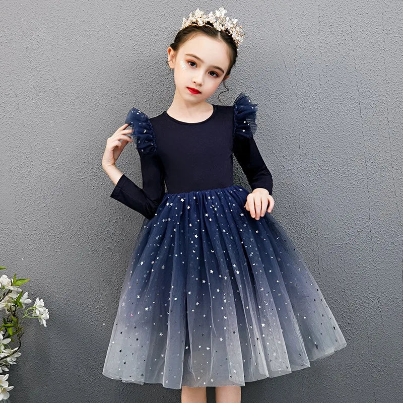 2025 New Red Princess Dress Baby Girls Dress Spring Kids Clothes Dress Party Long-sleeved For Children Dress Rainbow 3-10T