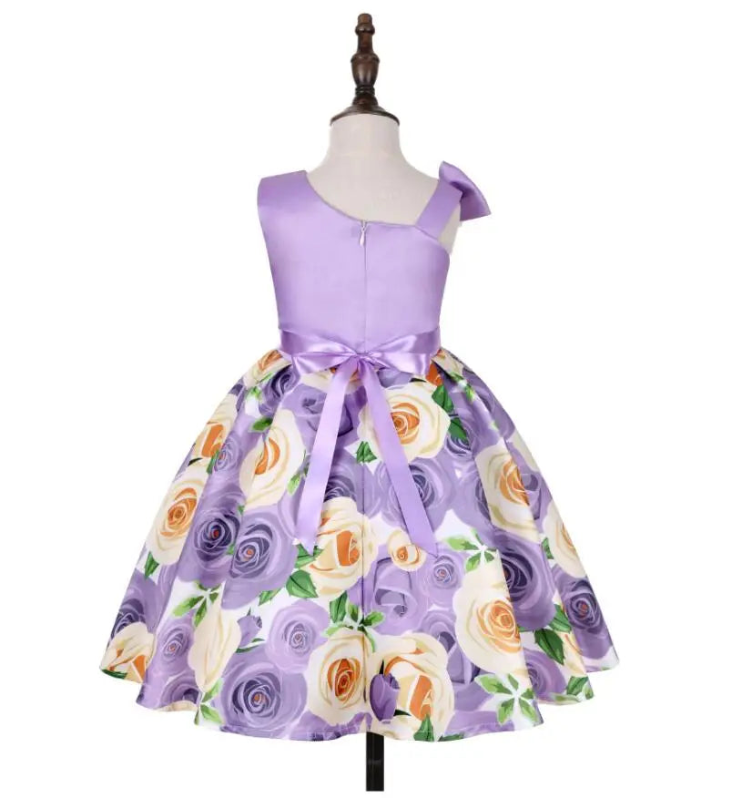 Summer Girls Rose Print Dress Princess Wedding Birthday Party Frocks Satin Children Vestidos Dresses For Girl Christmas Clothing