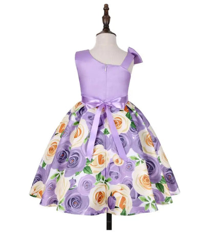 Summer Girls Rose Print Dress Princess Wedding Birthday Party Frocks Satin Children Vestidos Dresses For Girl Christmas Clothing