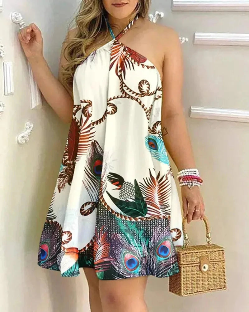 Tropical Print Halter Neck Dress, Vacation Style Backless Dress For Spring & Summer, Women's Clothing - AMULET RING STORE
