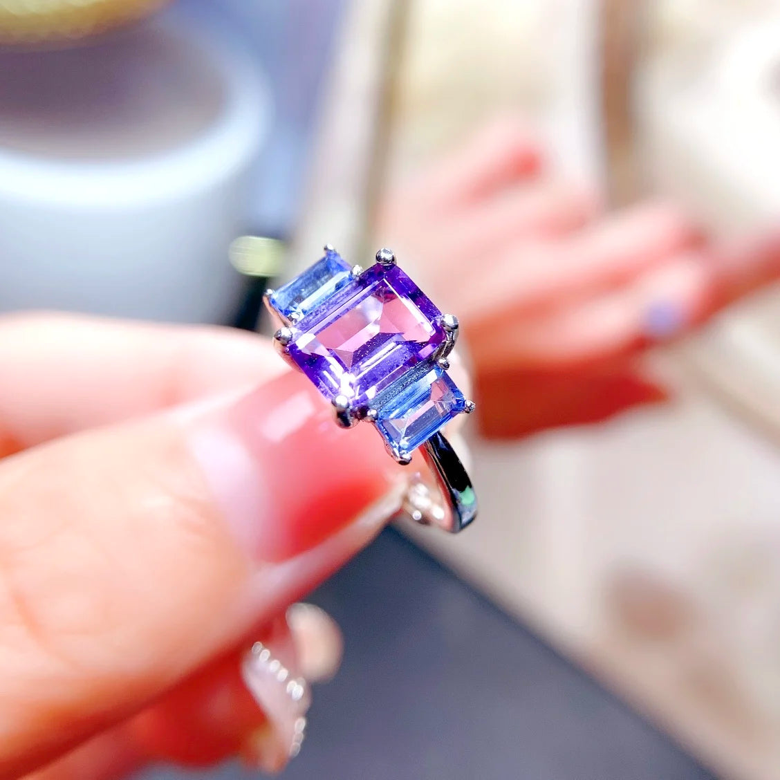 925 Sterling Silver Vintage  Rings Retro Natural Tanzanite and Natural Amethyst  FineJewelry for Women and Girls