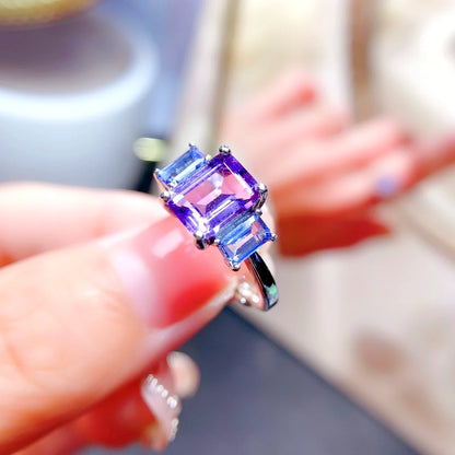 925 Sterling Silver Vintage  Rings Retro Natural Tanzanite and Natural Amethyst  FineJewelry for Women and Girls