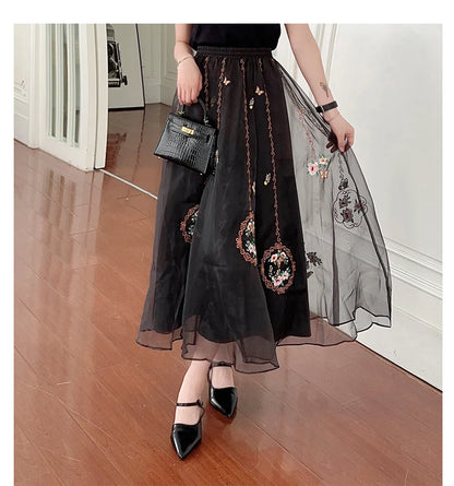 Chinese Style Retro Long Skirt Flowers Embroidered Summer Fairy Skirt Elastic Waist Gauze Skirt Party Lady A-line Skirts