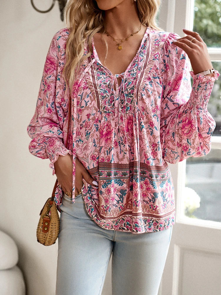 2024 Summer Fashion New Women's Elegant Casual Printed V-neck Shirt with Bubble Sleeves and Loose Commuting Style Top - AMULET RING STORE