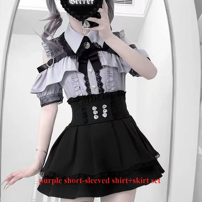 Sweet Gothic Lolita Two Piece Set, Off Shoulder Blouse + High Waist Skirt, Kawaii Tri-color Lace Coord Outfit for Women & Teens