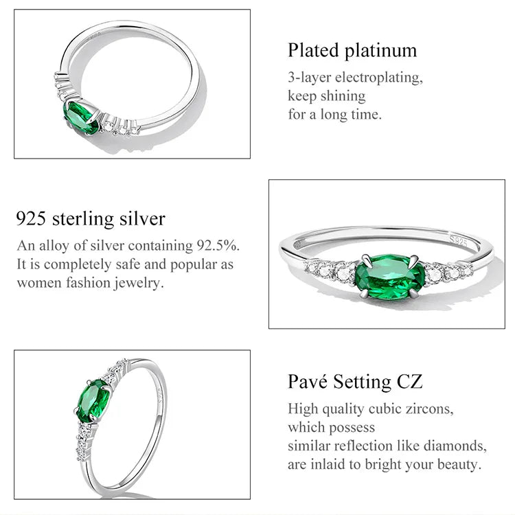 BAMOER 925 Sterling Silver Oval Gemstone Ring for Women Green Pink Zirconium Prongs Setting Ring Wedding Bridal Jewelry Gift