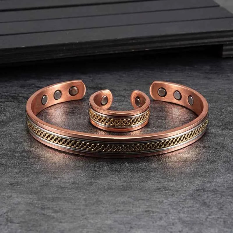 2x Copper Jewelry Set for Women Twisted Open Cuff Bangle Adjustable Copper Magnet Bracelet Ring Arthritis
