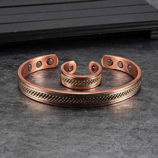 2x Copper Jewelry Set for Women Twisted Open Cuff Bangle Adjustable Copper Magnet Bracelet Ring Arthritis