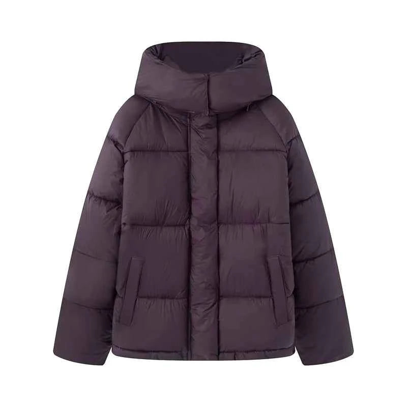 Women's Hooded Purple Cotton Jacket - Quilted Design, Warm Winter Coat, Casual Cold-Weather Outerwear
