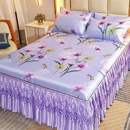 3Pcs/Lot Double Bed Sheet Set Classic Lace Royal Blue Bed Sheet Bed Skirt